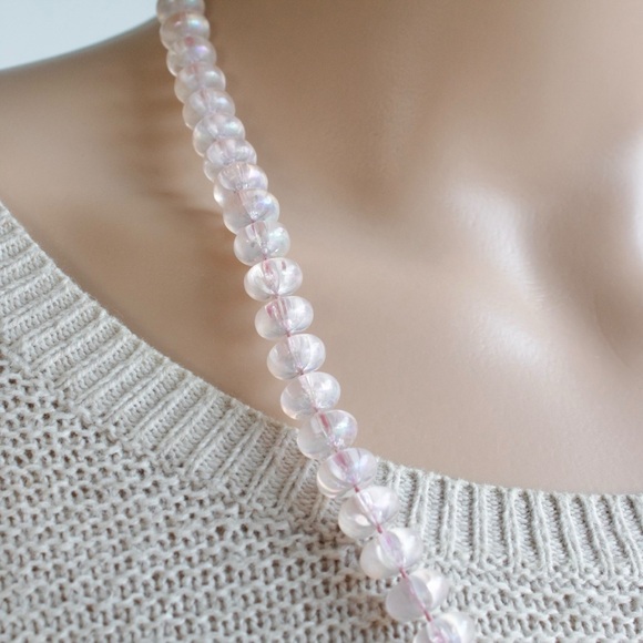 Vintage Iridescent Pink Beaded Necklace Acrylic Rondelle Beads 23.5” Long - Picture 2 of 6